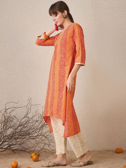 Dhiyona IE Leheriya Printed Pleated V-Neck Sequins Pure Cotton A-Line Kurta