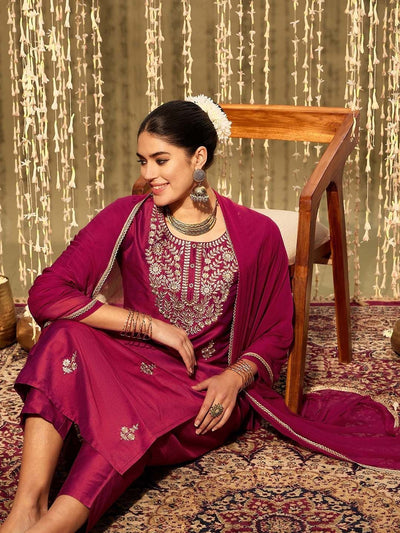 Indyancart IE Ethnic Motifs Embroidered Zari Straight Kurta With Trousers & Dupatta