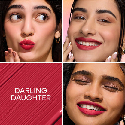 Nykaa Cosmetics All Day Matte Transferproof Liquid Lipstick in Darling Daughter soft pink nude, applied on lips.