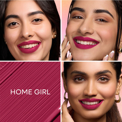 Nykaa All Day Matte Liquid Lipstick in Home Girl Pink Nude, transferproof long-lasting formula, applied on lips in a close-up shot.