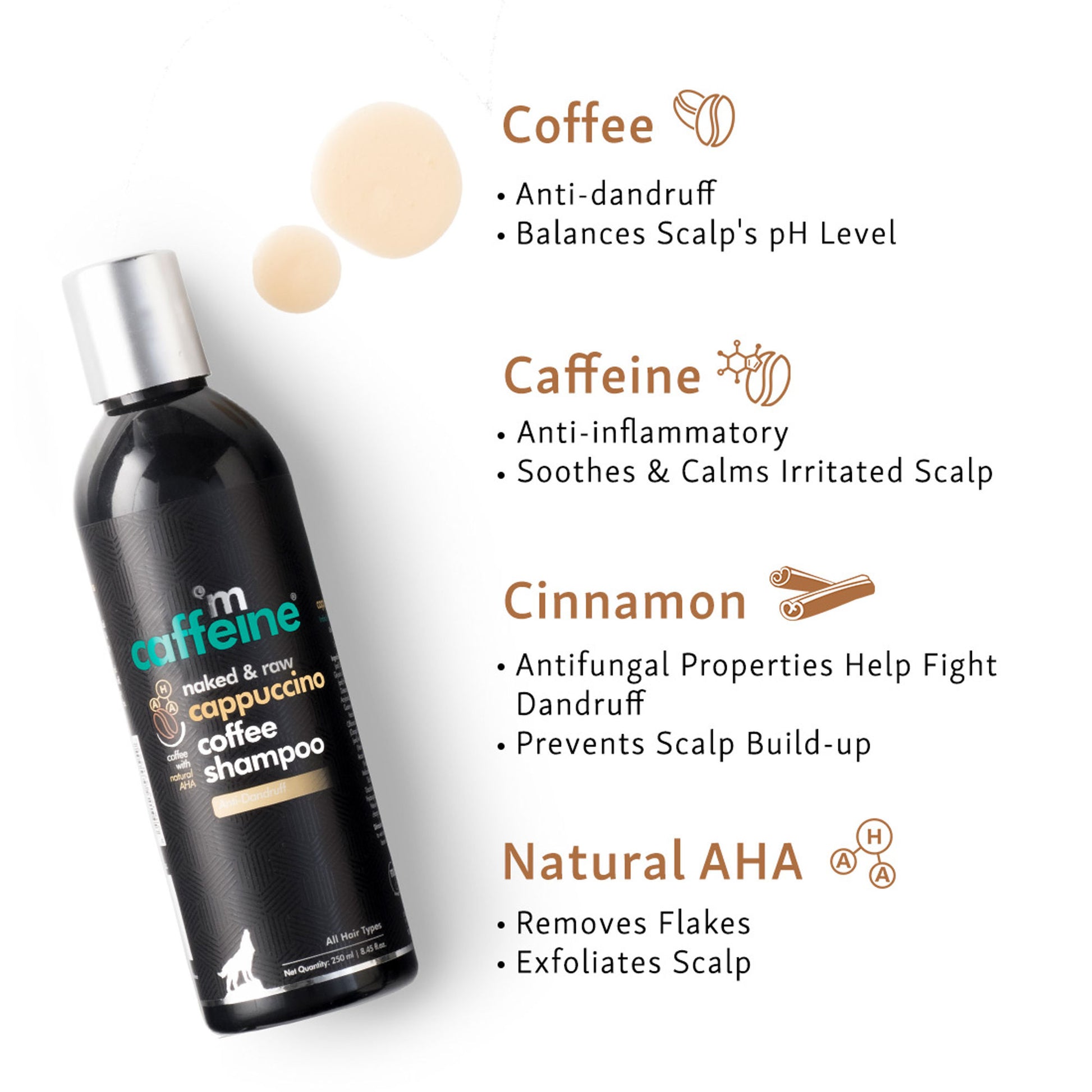 MCaffeine Anti Dandruff Cappuccino Coffee Shampoo With Coffee- Protein And Argan Oil