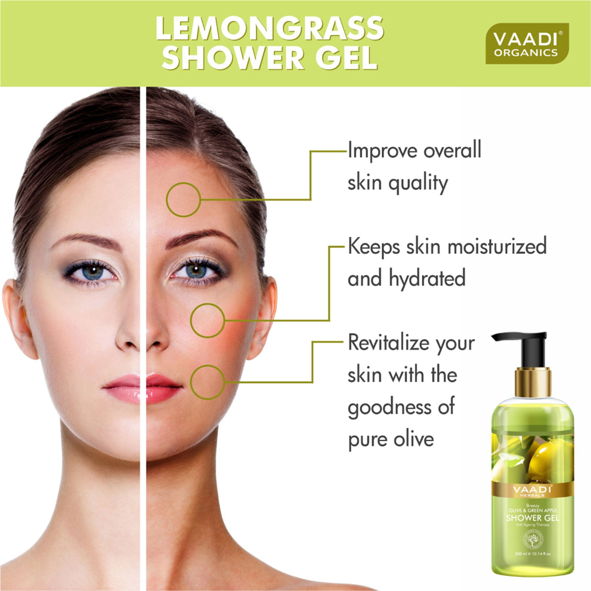 Vaadi Herbals Breezy Olive & Green Apple Shower Gel