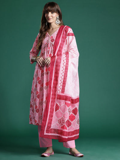 Indyancart IE Ethnic Motifs Printed Empire Mirror Work Pure Cotton Kurta Set