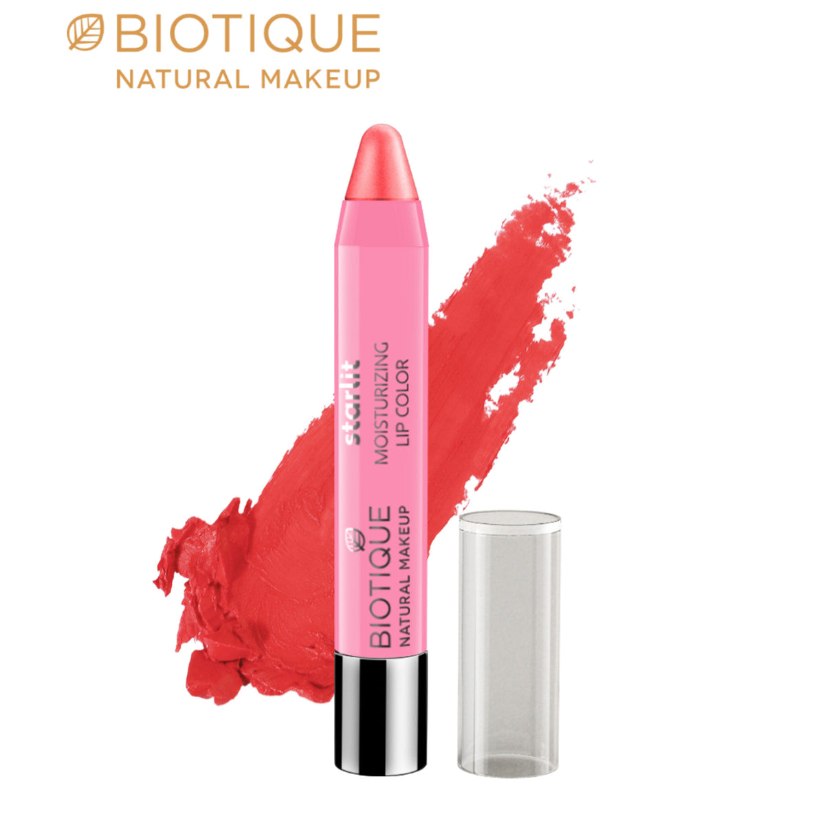 Biotique Starlit Moisturising Lipcolor in Coral Dew, a vibrant coral shade, showcasing the lipstick tube with the color swatched on lips.