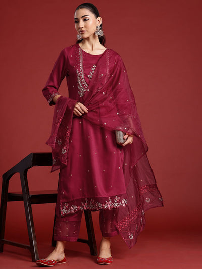 Indyancart IE Ethnic Motifs Embroidered Thread Work Kurta With Trousers & Dupatta