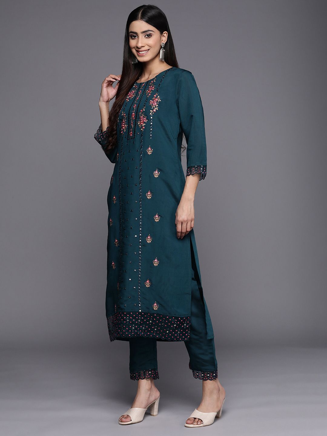 Indyancart VA Women'sTeal Floral Embroidered Kurta with Trouser & Dupatta