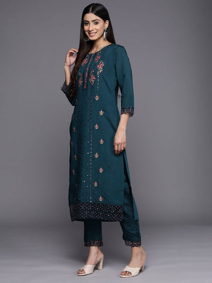 Indyancart VA Women'sTeal Floral Embroidered Kurta with Trouser & Dupatta