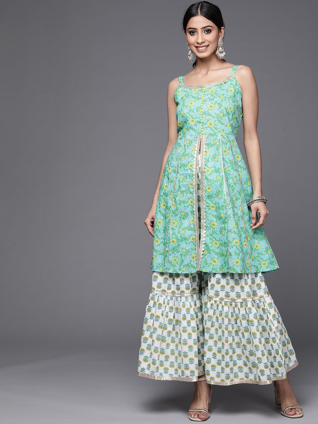 Indyancart VA Women's Sea Green & White Floral Printed Gotta Patti Pure Cotton Kurta with Sharara