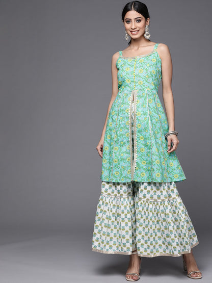 Indyancart VA Women's Sea Green & White Floral Printed Gotta Patti Pure Cotton Kurta with Sharara