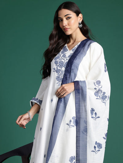 Indyancart IE Floral Embroidered Thread Work Pure Cotton Kurta with Trousers & With Dupatta