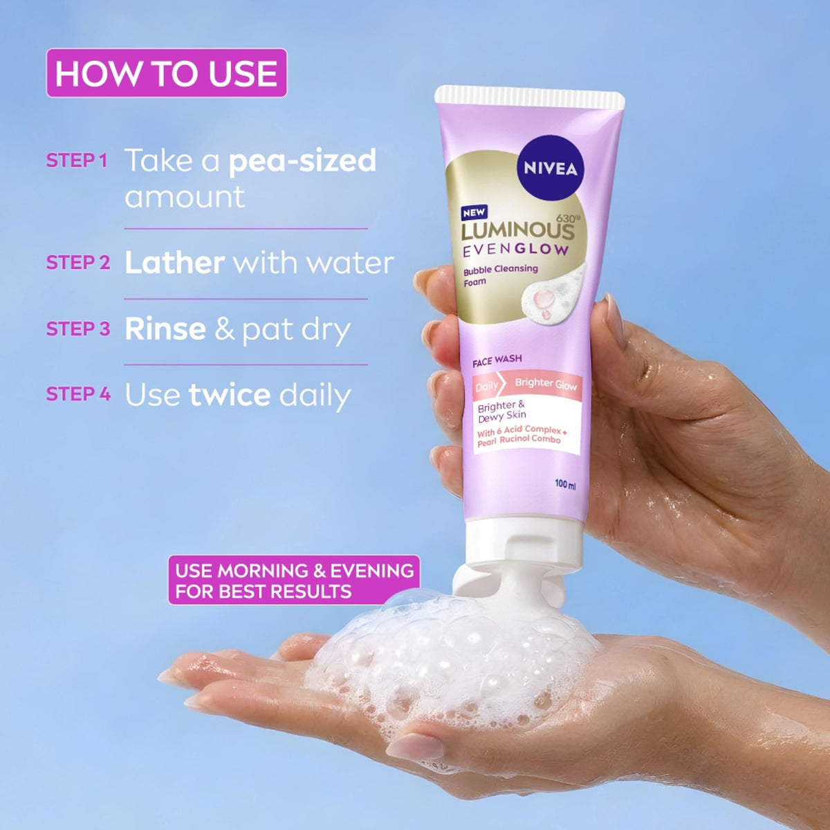 NIVEA Luminous Even Glow Bubble Foam Daily Gentle and Brightening Face Wash With 6 Acid complex