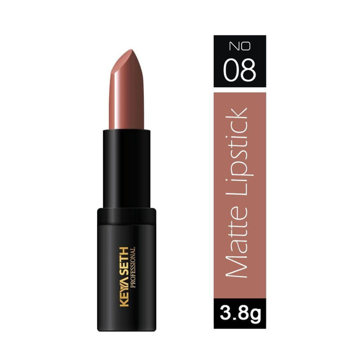 Keya Seth Aromatherapy matte lipstick in Light Bright Nude, showcasing the creamy, natural lipstick swatch in a professional makeup setting.
