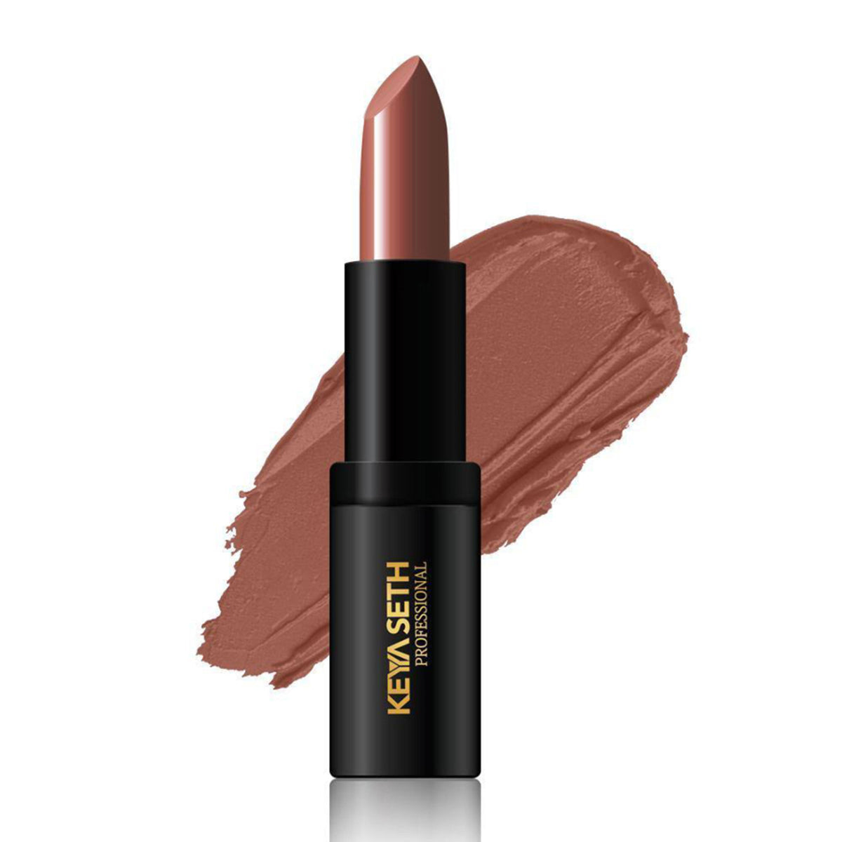 Keya Seth Aromatherapy matte lipstick in Light Bright Nude, showing smooth, natural-toned lipstick swatch on a neutral background.