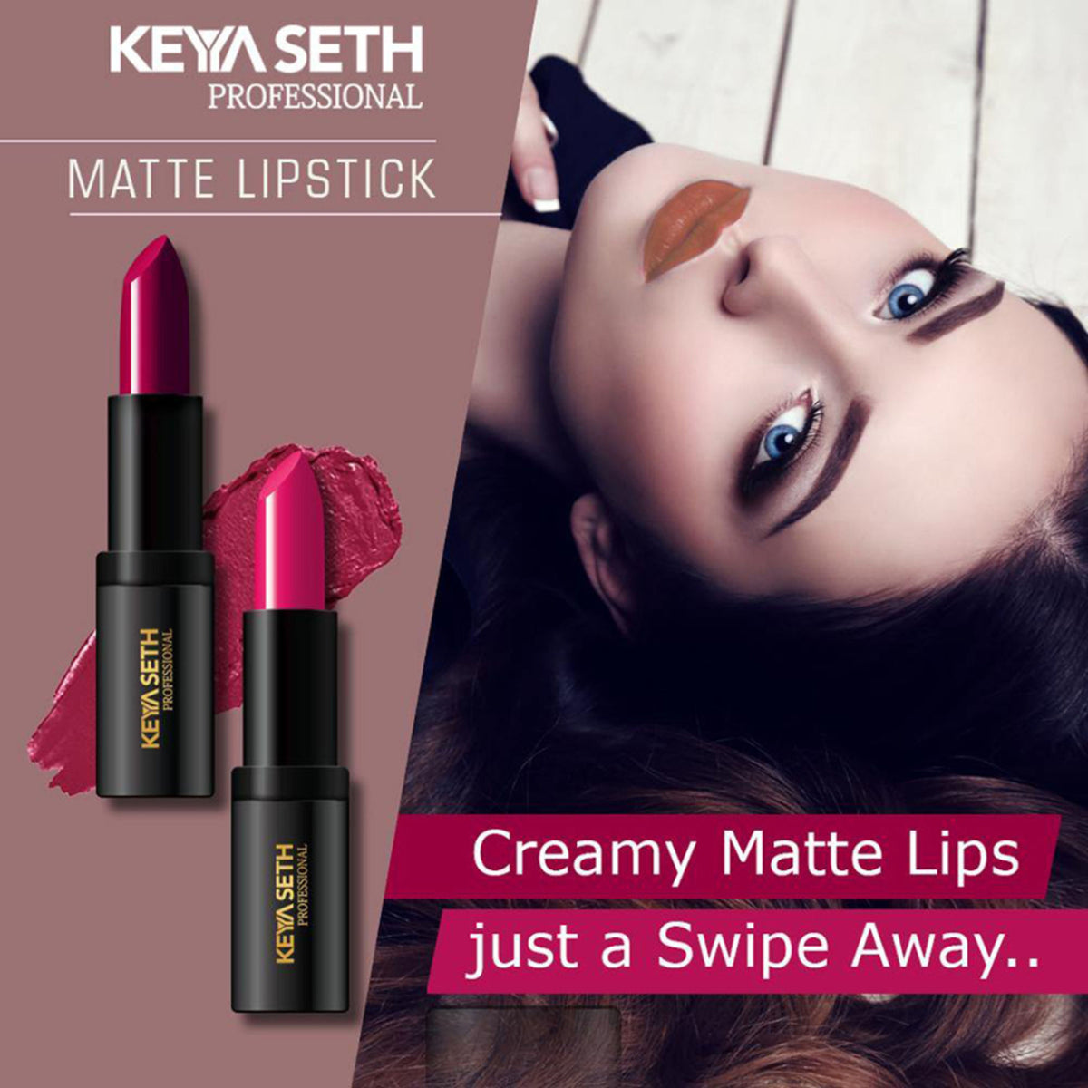 Keya Seth Aromatherapy professional matte lipstick in Light Bright Nude, showing the sleek lipstick tube and swatch on skin.