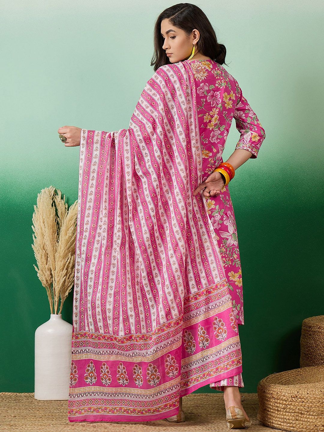 Indyancart SN Women's Printed Pure Cotton Straight Kurta With Trousers & Dupatta