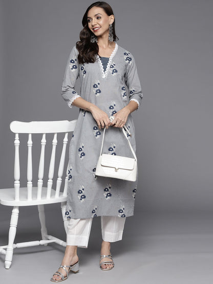 Indyancart IE Women Grey & Blue Floral Printed Pure Cotton Kurta