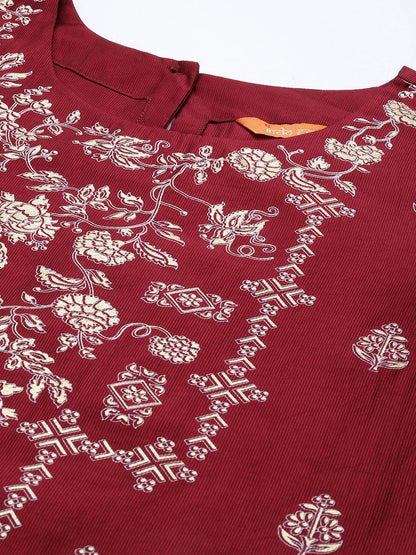 Indyancart IE Women Maroon & Golden Ethnic Motifs Printed Liva Kurta with Palazzos & Dupatta