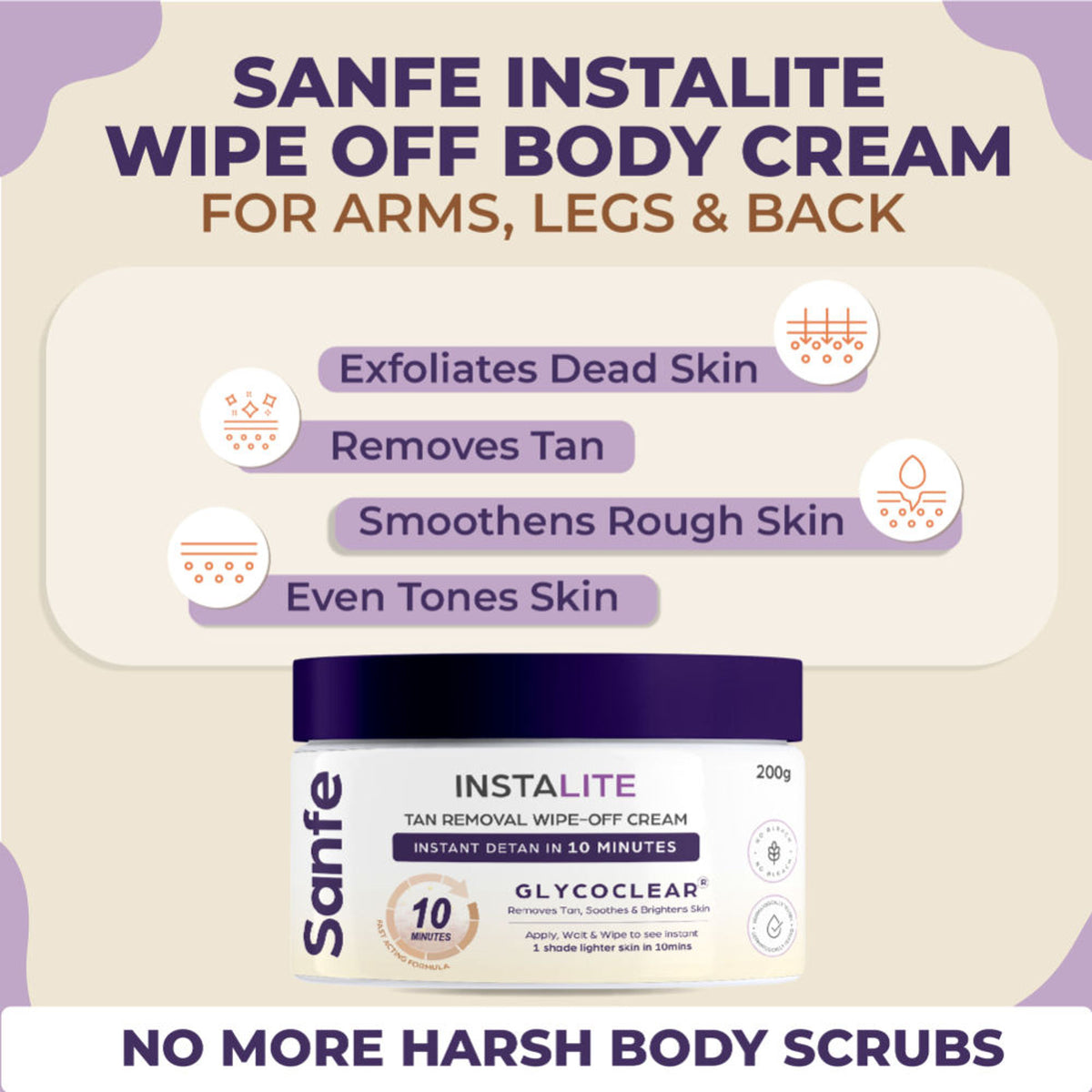 Sanfe Instalite Detan Wipe Off Body Cream, Tan Removal Detan Cream, 0.5% Kojic Acid & 0.3% Arbutin