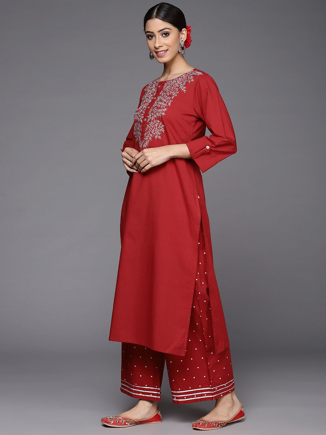 Indyancart VA Women's Rust Ethnic Motifs Yoke Design Kurta with Palazzos & With Dupatta