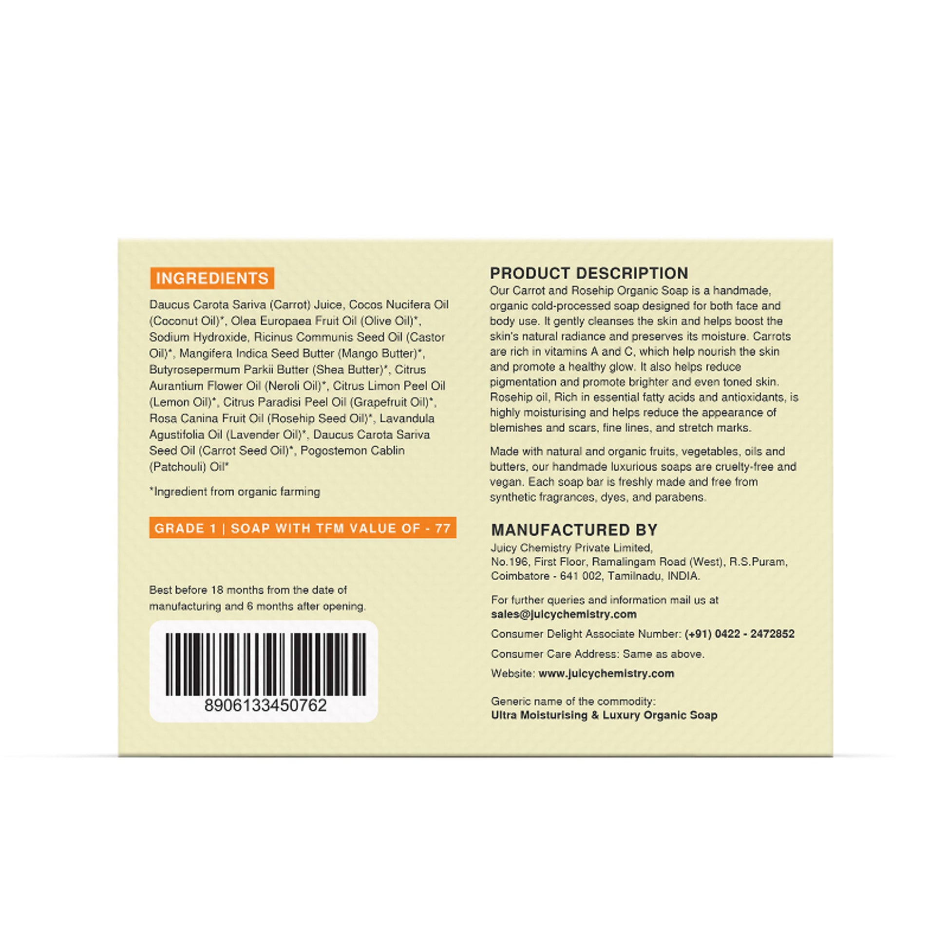 Juicy Chemistry Ultra Moisturising & Luxury Organic Soap Fortified with Carrot + Rosehip