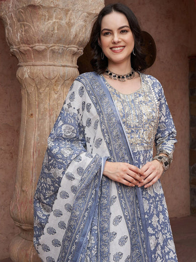 Indyancart SN Women's Blue Printed Thread Work Pure Cotton Empire A-Line Kurta with Trousers & Dupatta