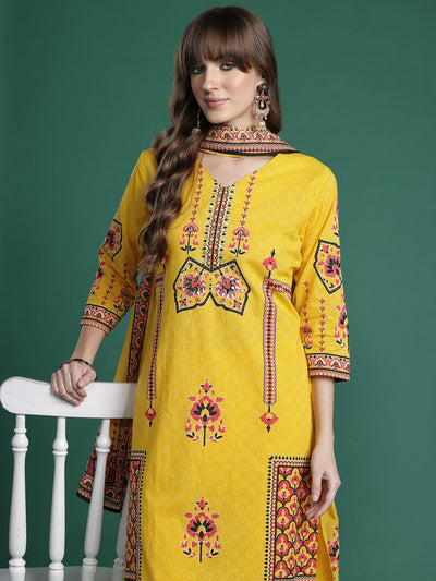 Indyancart IE Ethnic Motifs Printed Mirror Work Pure Cotton Kurta with Trousers & With Dupatta