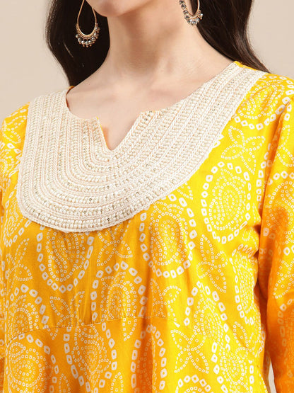 Indyancart VA Women's Mustard And White Bandhej Printed Flared Kurti With Sharara With Dupatta.