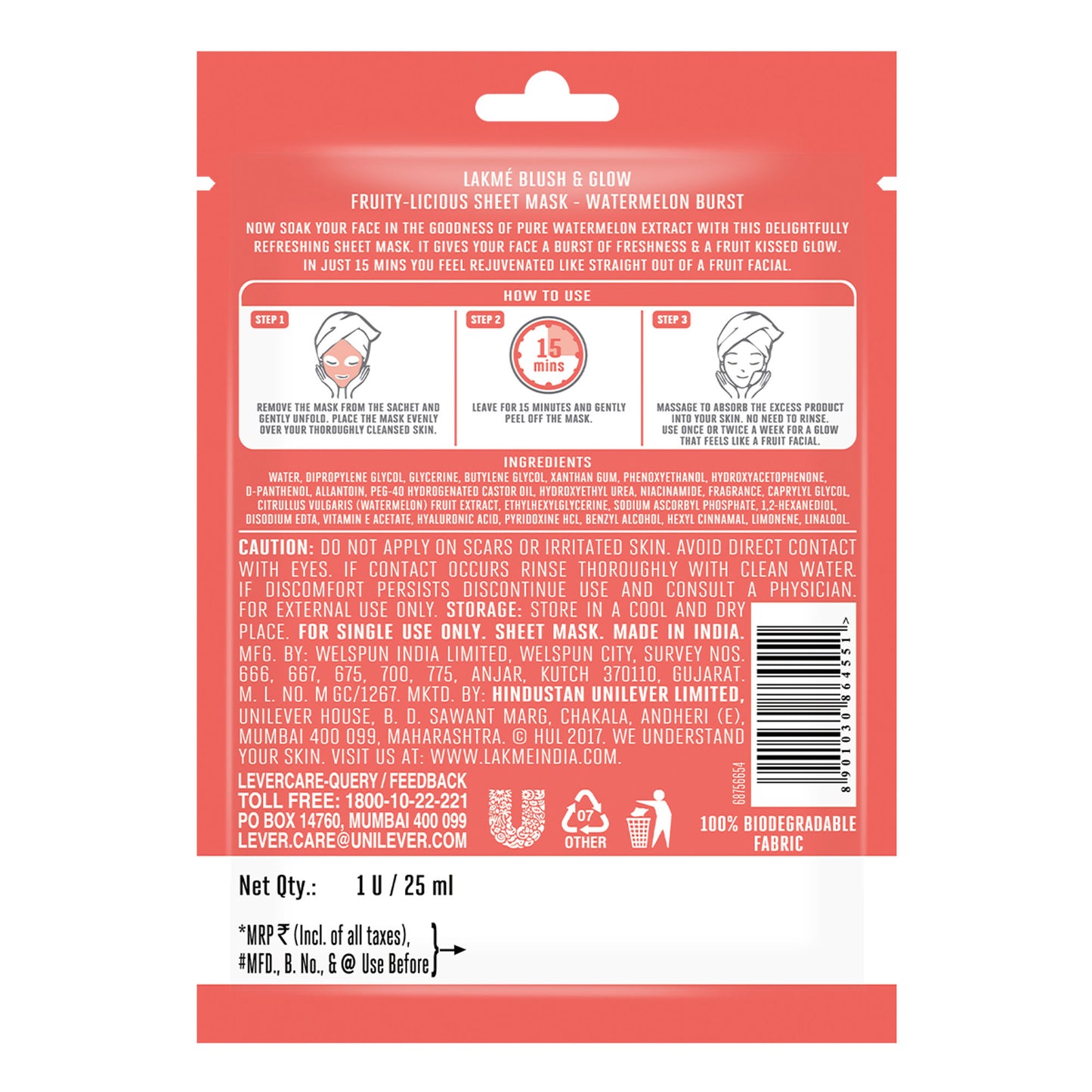 Lakme Blush & Glow Sheet Mask - Watermelon