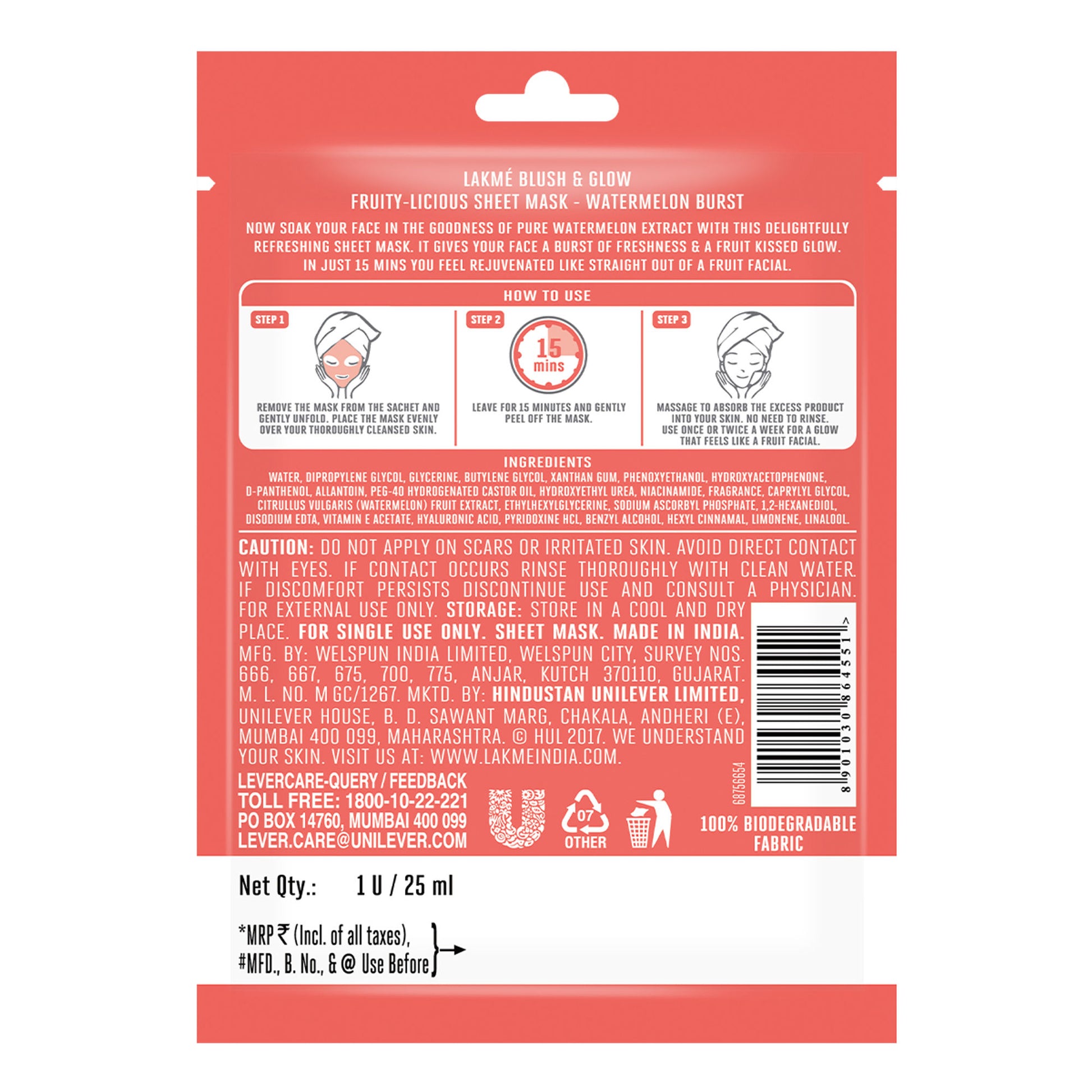 Lakme Blush & Glow Sheet Mask - Watermelon