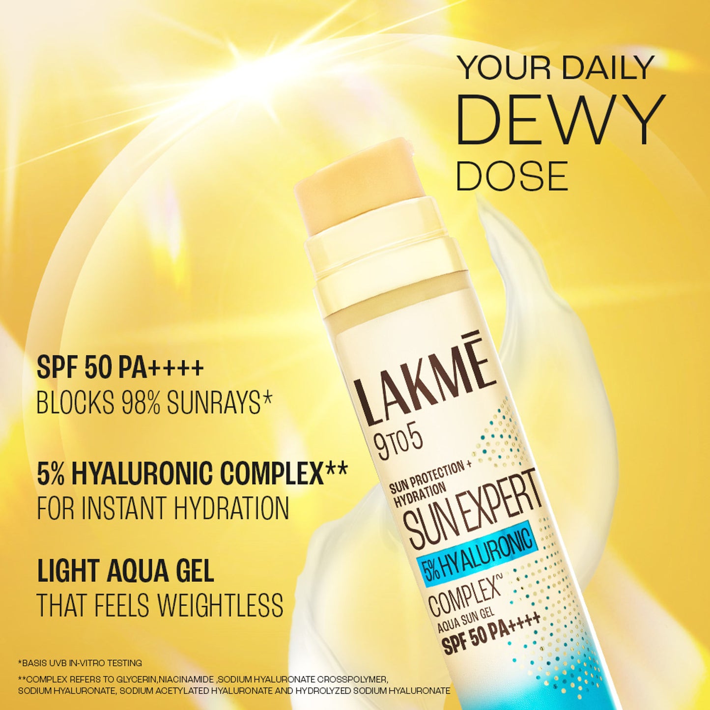 Lakme 5% Hyaluronic Water-light Sunscreen Gel SPF 50 PA++++ For Oily Skin, Plump & Hydrated skin