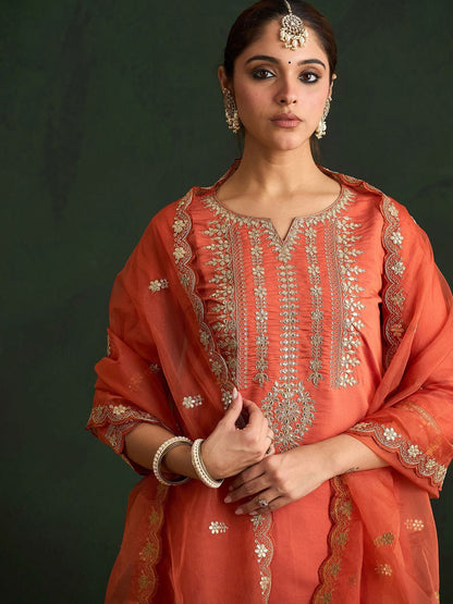 Dhiyona IE Ethnic Motifs Embroidered Gotta Patti Straight Kurta With Trousers & Dupatta