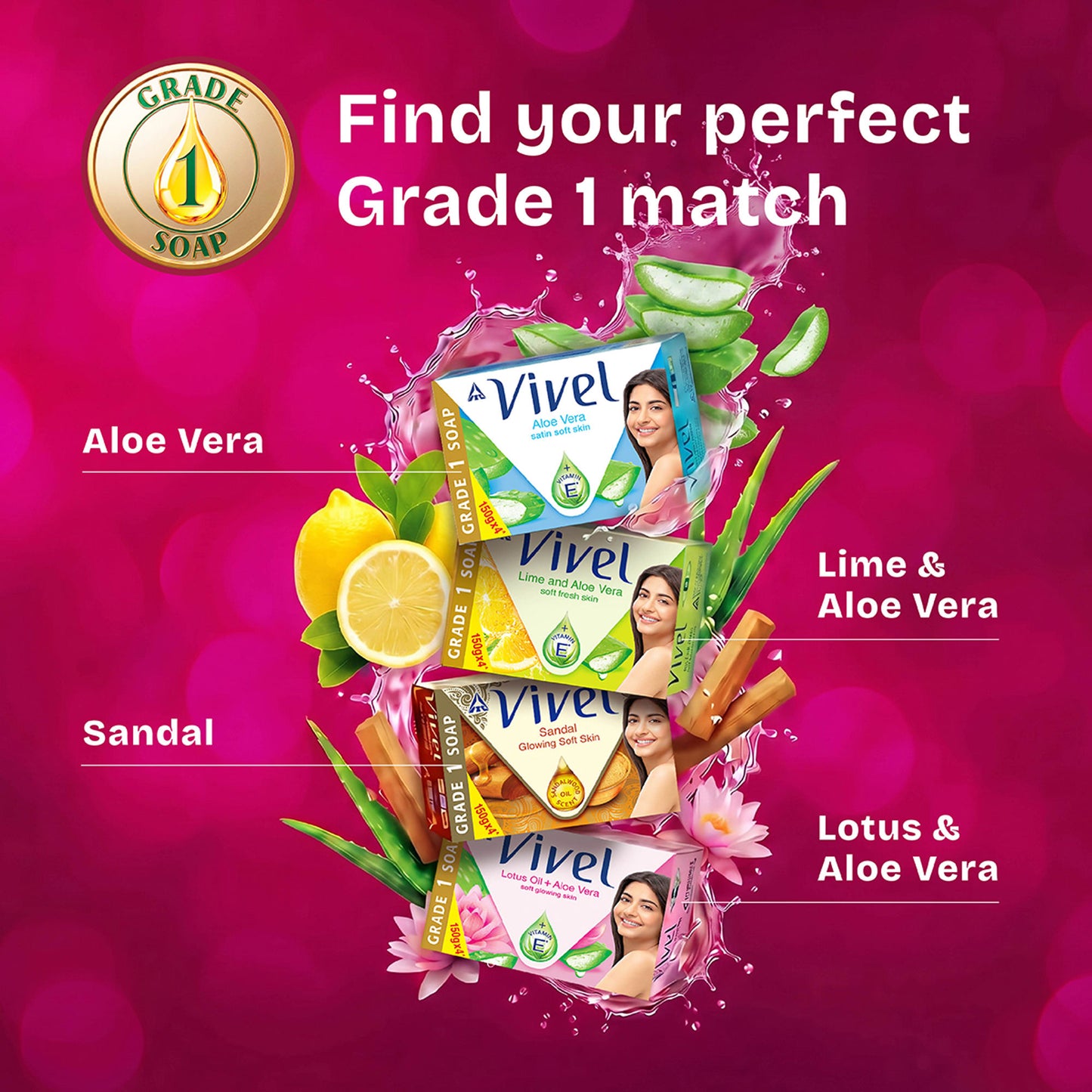 Vivel Aloe Vera Grade 1 Bathing Soap, Highest Soap Grade, 76% TFM, Vit E - 4 PCS