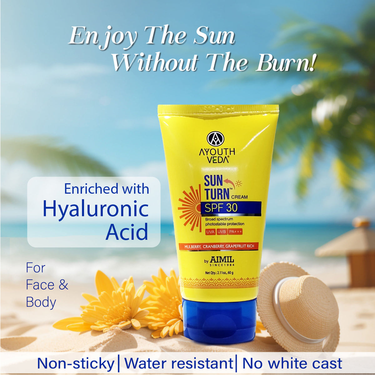 Ayouthveda Sun Turn SPF 30 Cream with Zinc Oxide & Aloe Vera to Protect & Prevent Tanning