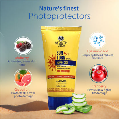 Ayouthveda Sun Turn SPF 30 Cream with Zinc Oxide & Aloe Vera to Protect & Prevent Tanning