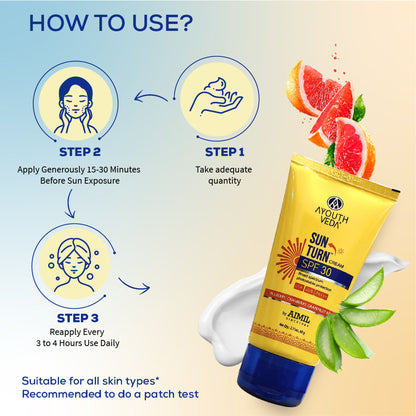 Ayouthveda Sun Turn SPF 30 Cream with Zinc Oxide & Aloe Vera to Protect & Prevent Tanning