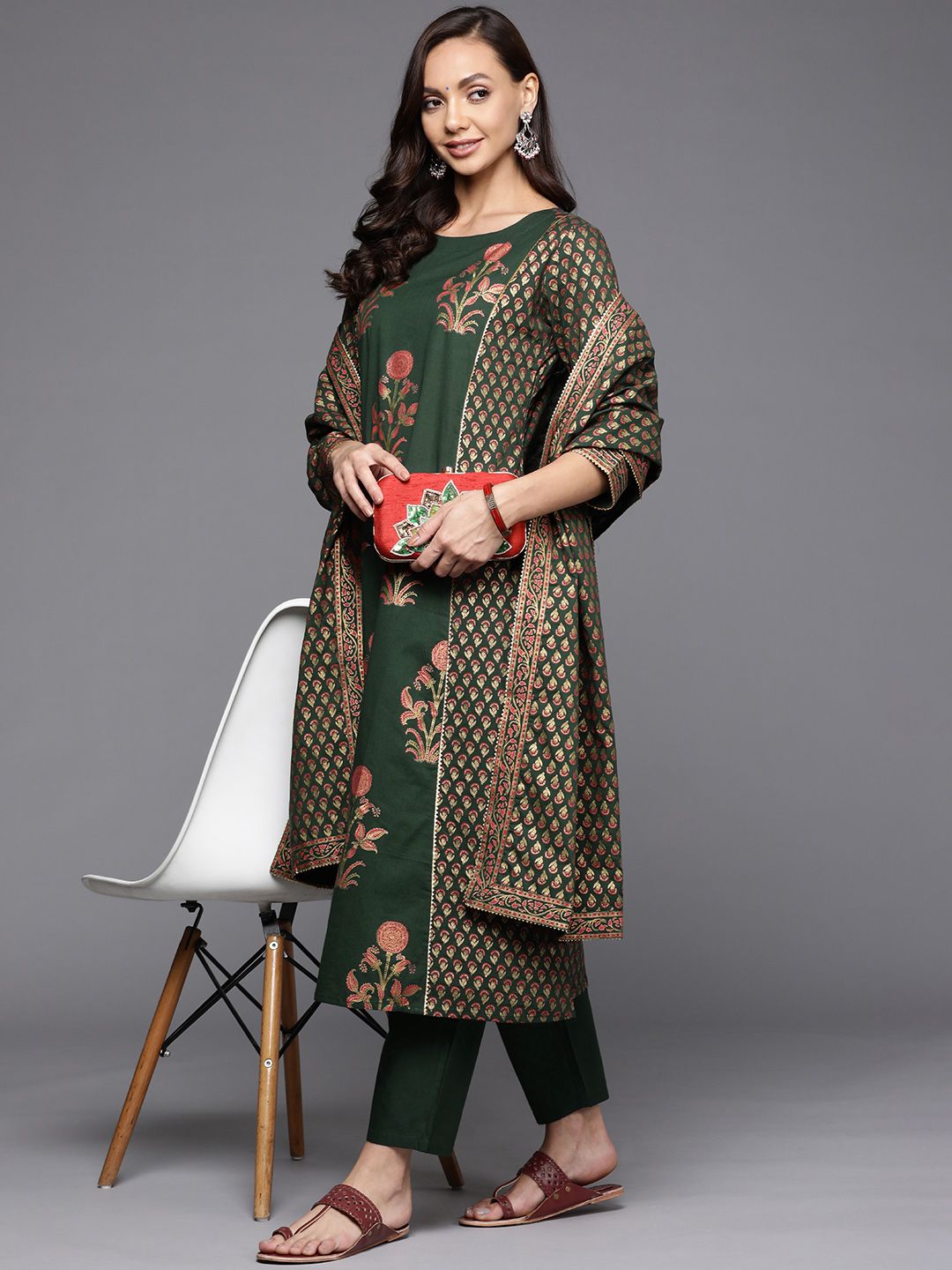 Dhiyona IE Women Green Ethnic Motifs Printed Kurta with Trousers & With Dupatta