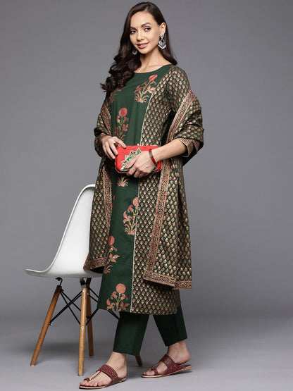 Dhiyona IE Women Green Ethnic Motifs Printed Kurta with Trousers & With Dupatta