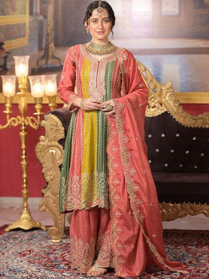 Indyancart IE Ethnic Motifs Embroidered Panelled Sequinned A-Line Kurta With Palazzos & Dupatta