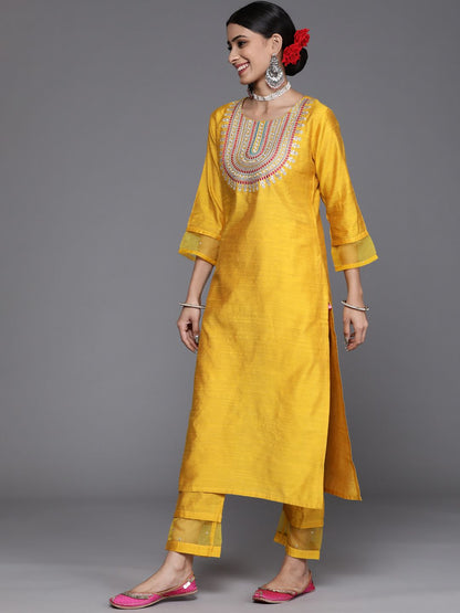 Indyancart VA Women's Mustard Yellow & Pink Yoke Design Kurta with Trousers & Dupatta