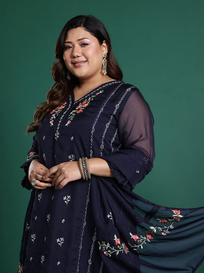 Indyancart Women's Plus Size Floral Embroidered Panelled Thread Work Kurta With Trousers & Dupatta