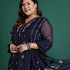 Indyancart Women's Plus Size Floral Embroidered Panelled Thread Work Kurta With Trousers & Dupatta