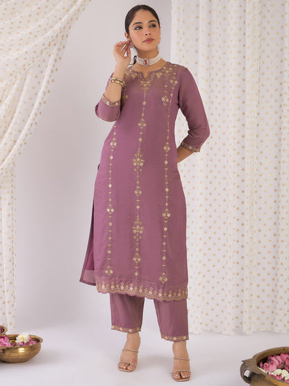 Indyancart IE Floral Embroidered Notch Neck Zari Straight Kurta With Trouser And Dupatta