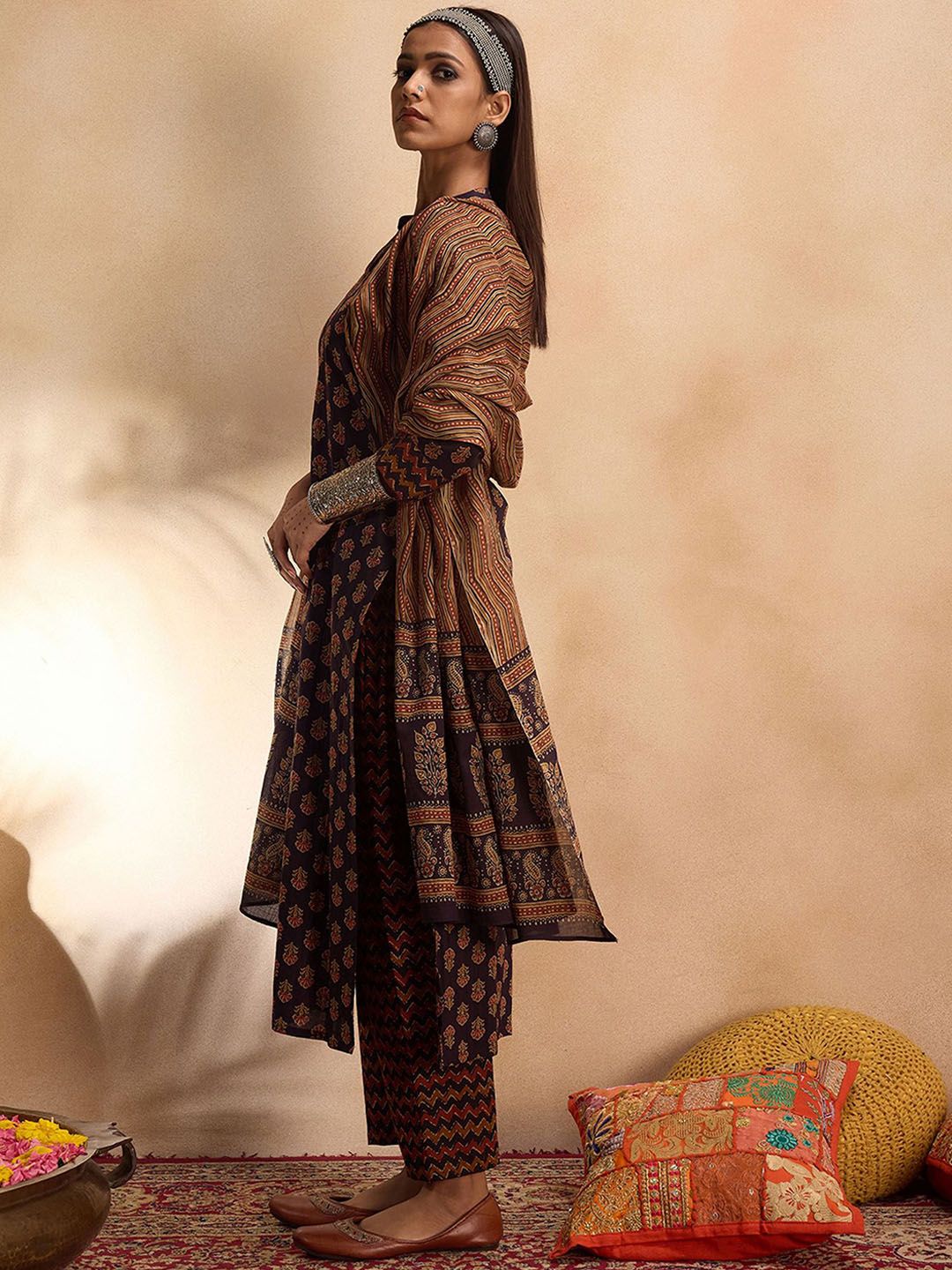 Indyancart IE Ethnic Motifs Printed Straight Pure Cotton Kurta with Trousers & Dupatta