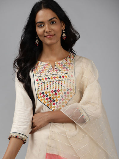 Indyancart IE Women Off White Ethnic Motifs Yoke Design Regular Liva Kurta with Palazzos & With Dupatta