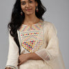 Dhiyona IE Women Off White Ethnic Motifs Yoke Design Regular Liva Kurta with Palazzos & With Dupatta