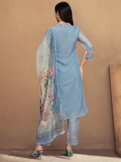 Indyancart IE Women Floral Embroidered Regular Thread Work Kurta with Trousers & With Dupatta