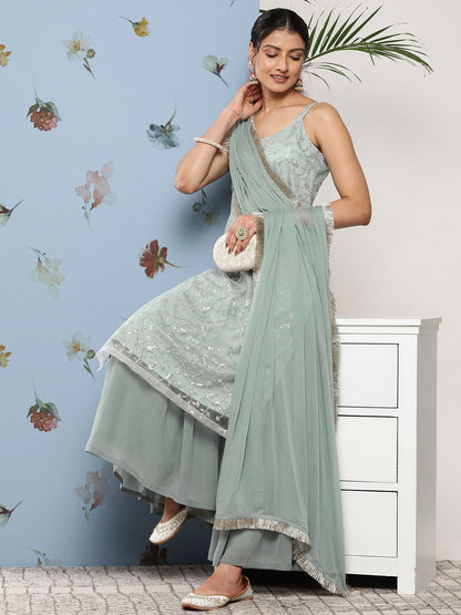 Indyancart VA Women Floral Embroidered Sequinned Kurta With Sharara & Dupatta
