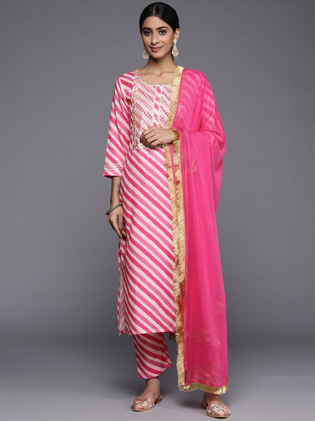 Indyancart VA Women's Fuchsia Striped Gotta Patti Kurta with Trousers & With Dupatta