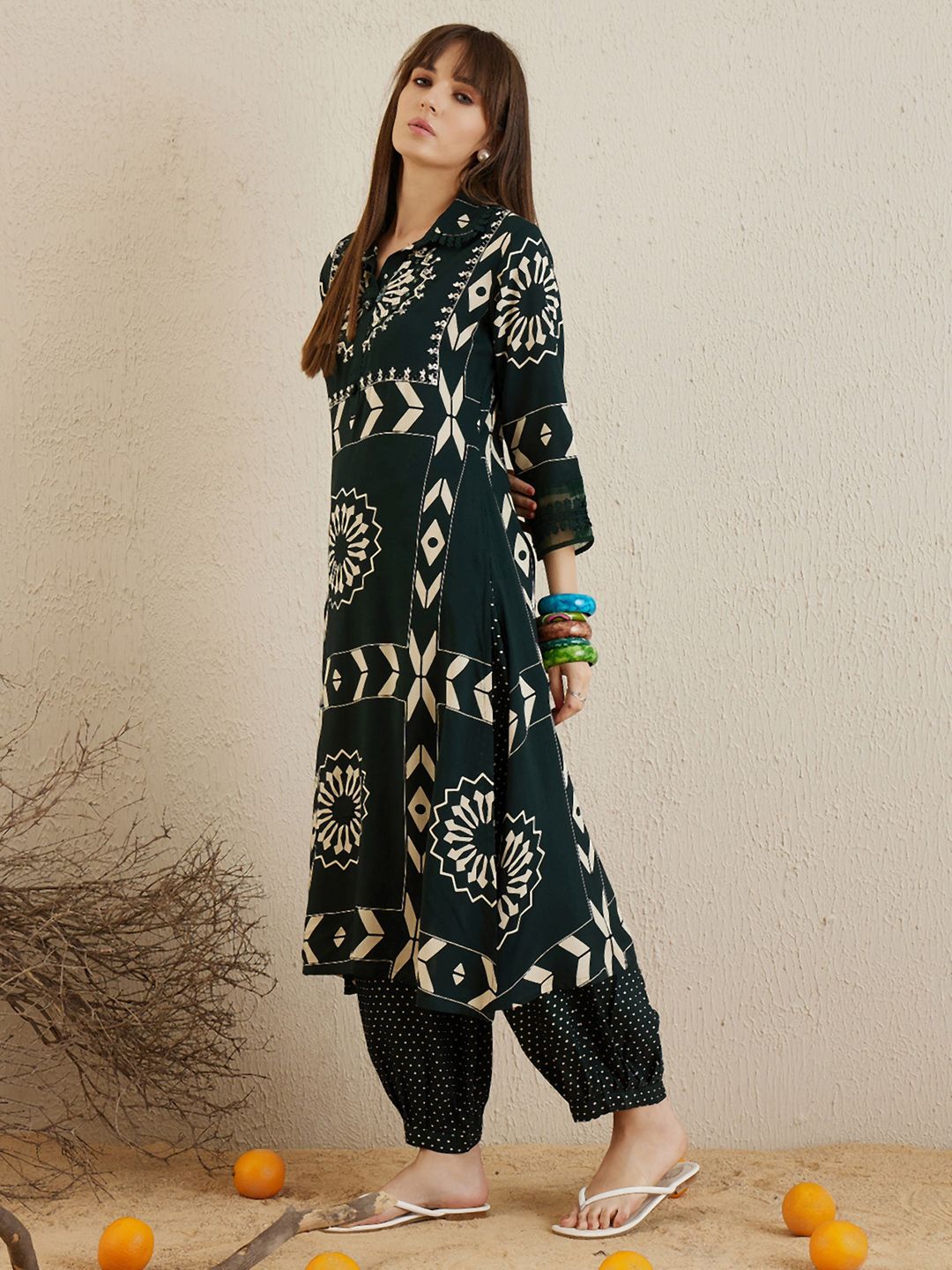Green Floral Printed Stones & Beads Shirt Collar Straight Kurta with Salwar