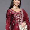 Indyancart IE Women Maroon & Golden Ethnic Motifs Printed Liva Kurta with Palazzos & Dupatta